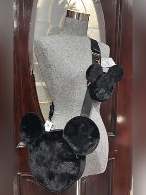 Disney Black Faux Fur Mickey Crossbody Bag & Keychain - NWT!!